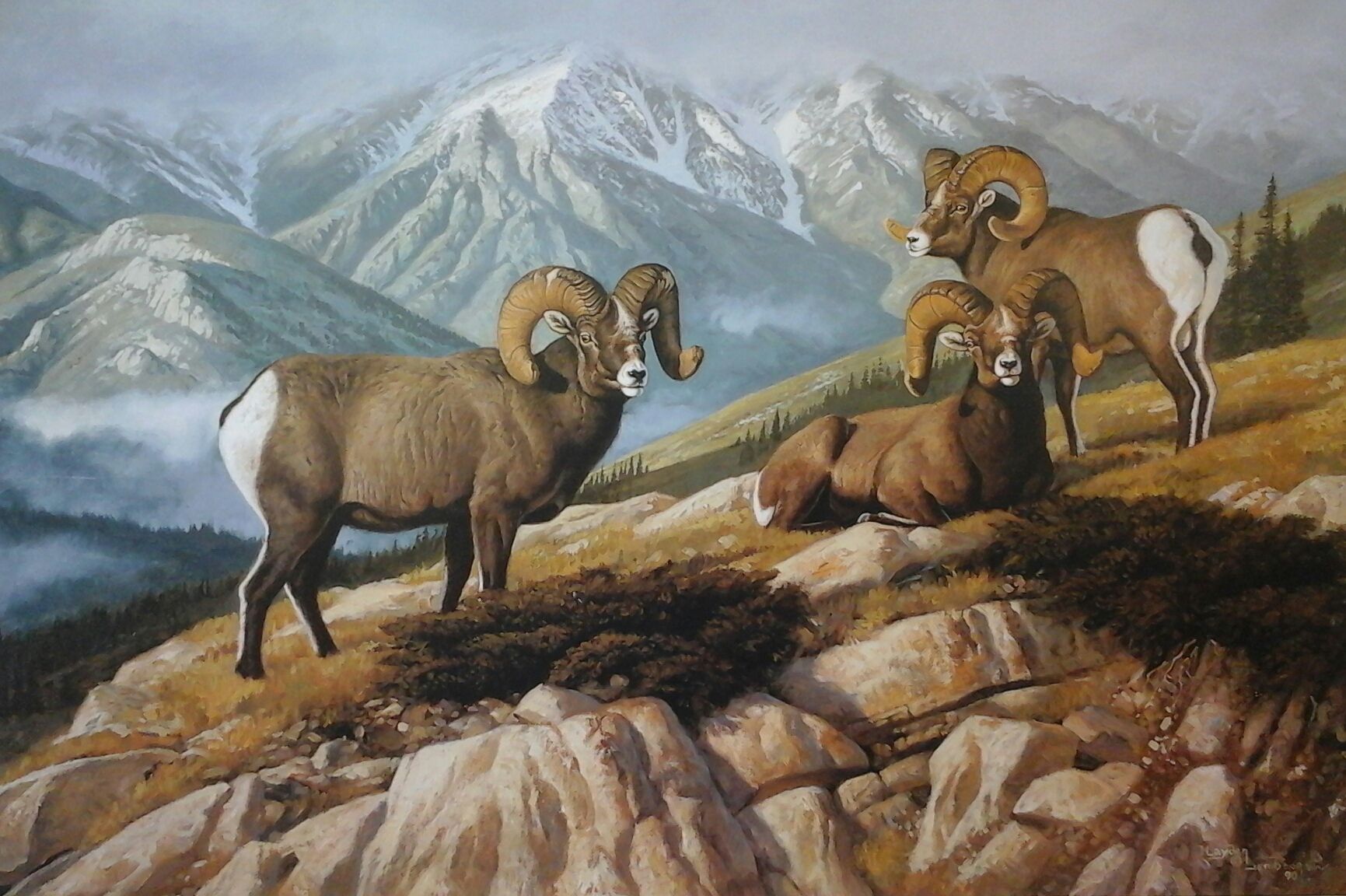 A painting of a herd of bighorn sheep on a hillside