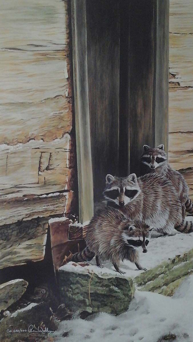 A painting of three raccoons standing in front of a door.