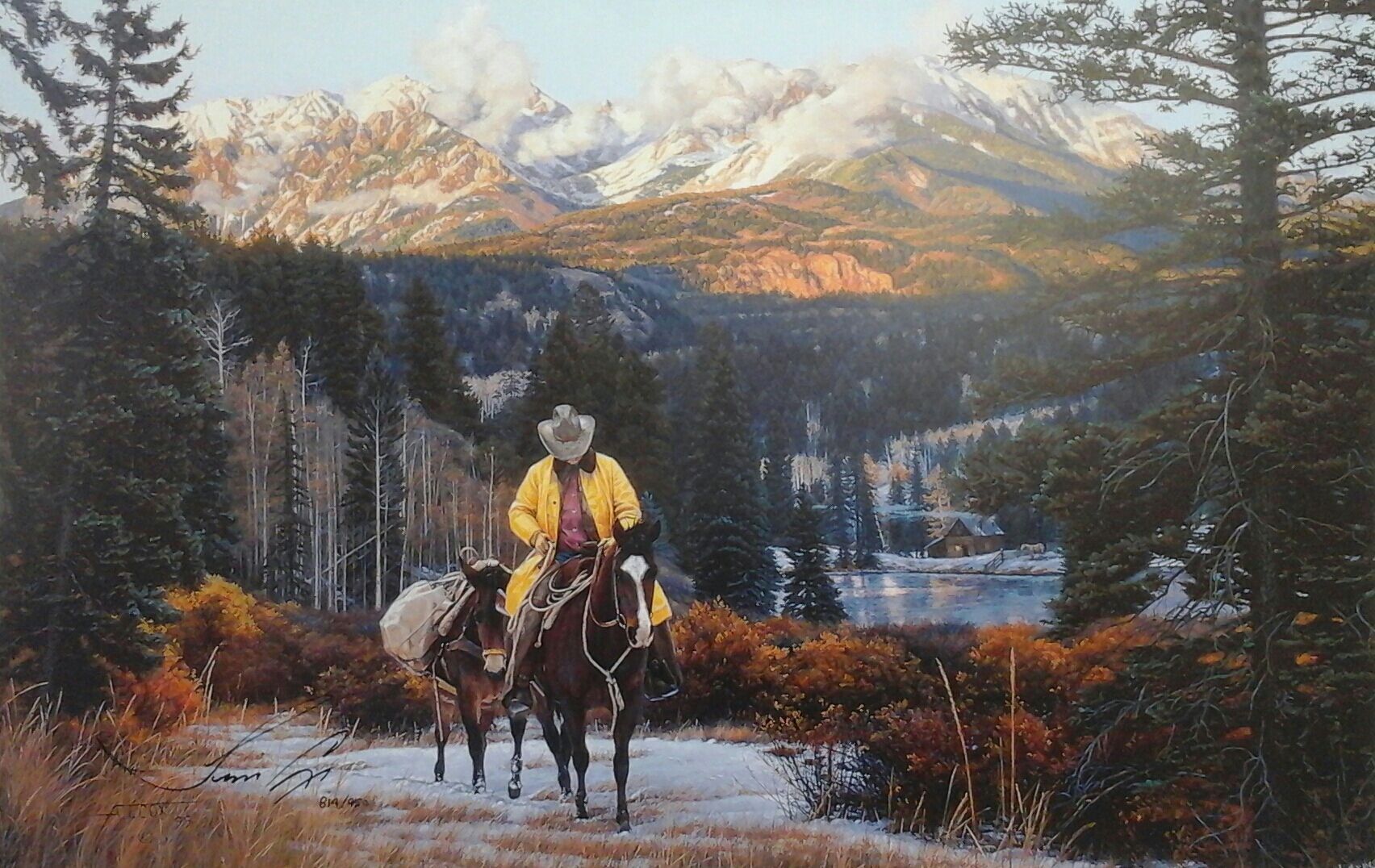 A painting of a man riding a horse in the mountains
