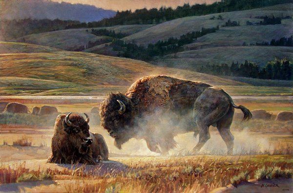 A painting of two bison standing next to each other in a field.