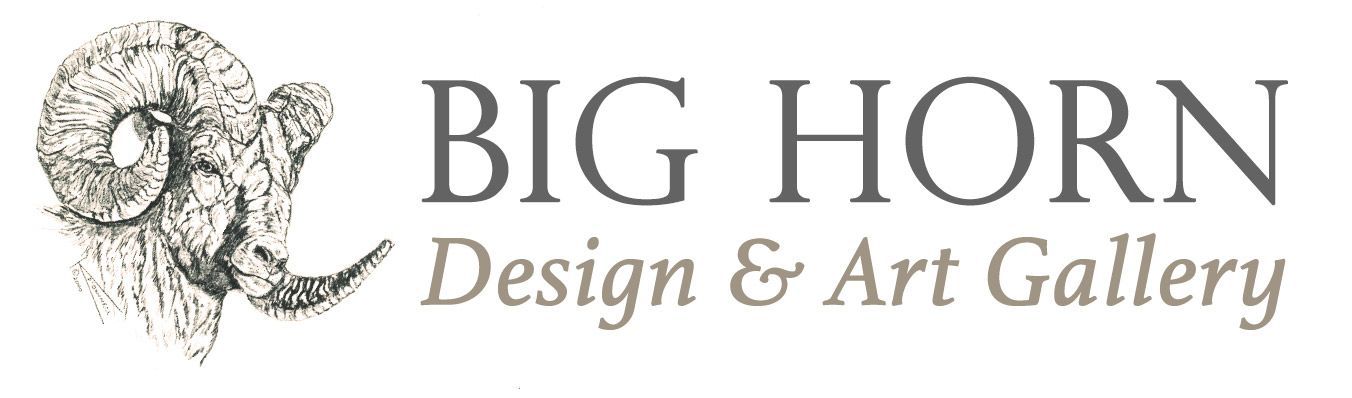 The logo for big horn design and art gallery shows a ram 's head.