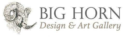The logo for big horn design and art gallery shows a ram 's head.