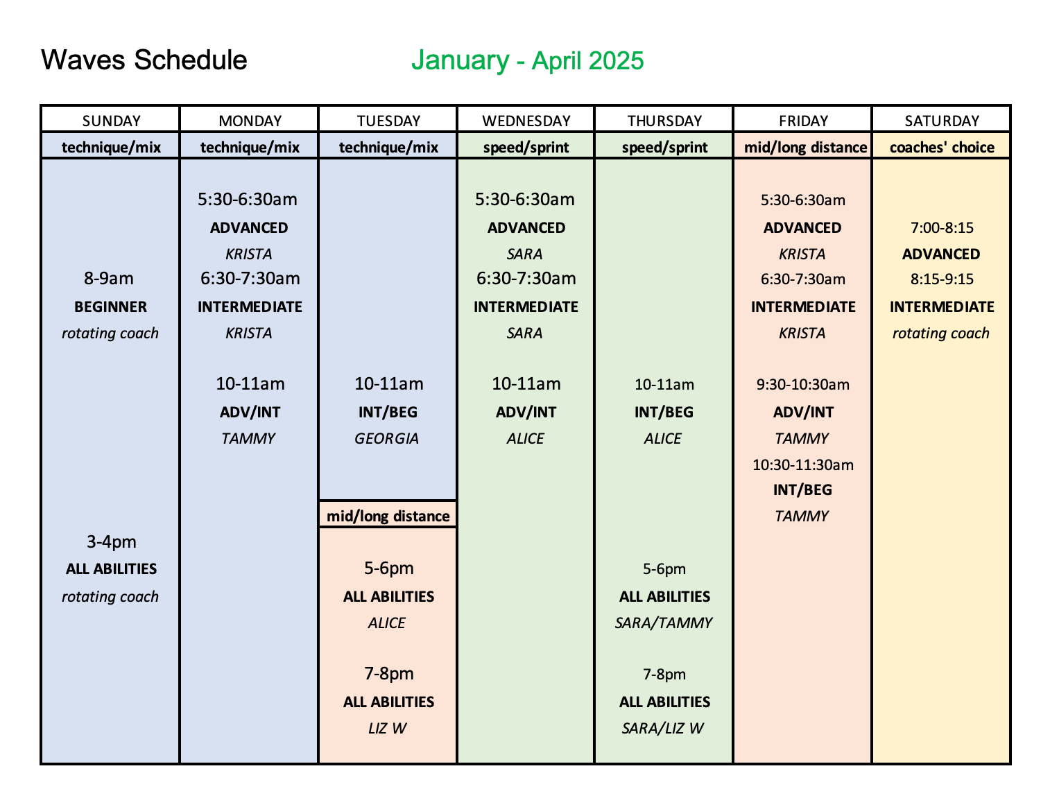 A schedule for the month of january and april