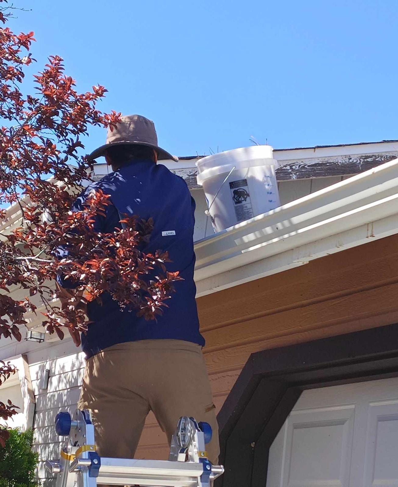A person wearing a sun hat and blue jacket stands on a ladder, using a white bucket to clean or paint home gutters.