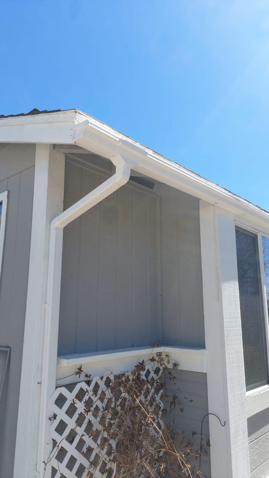 A low-angle view of a gray house exterior corner with white trim, a gutter downspout, and a white lattice panel.