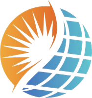 Abstract orange sunburst and blue globe logo on a white background