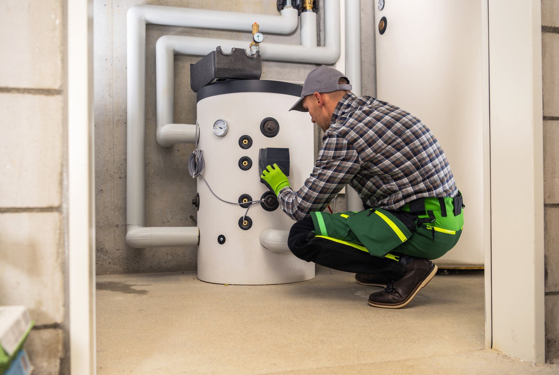Technician inspecting a white industrial tank with gauges and pipes in a utility room