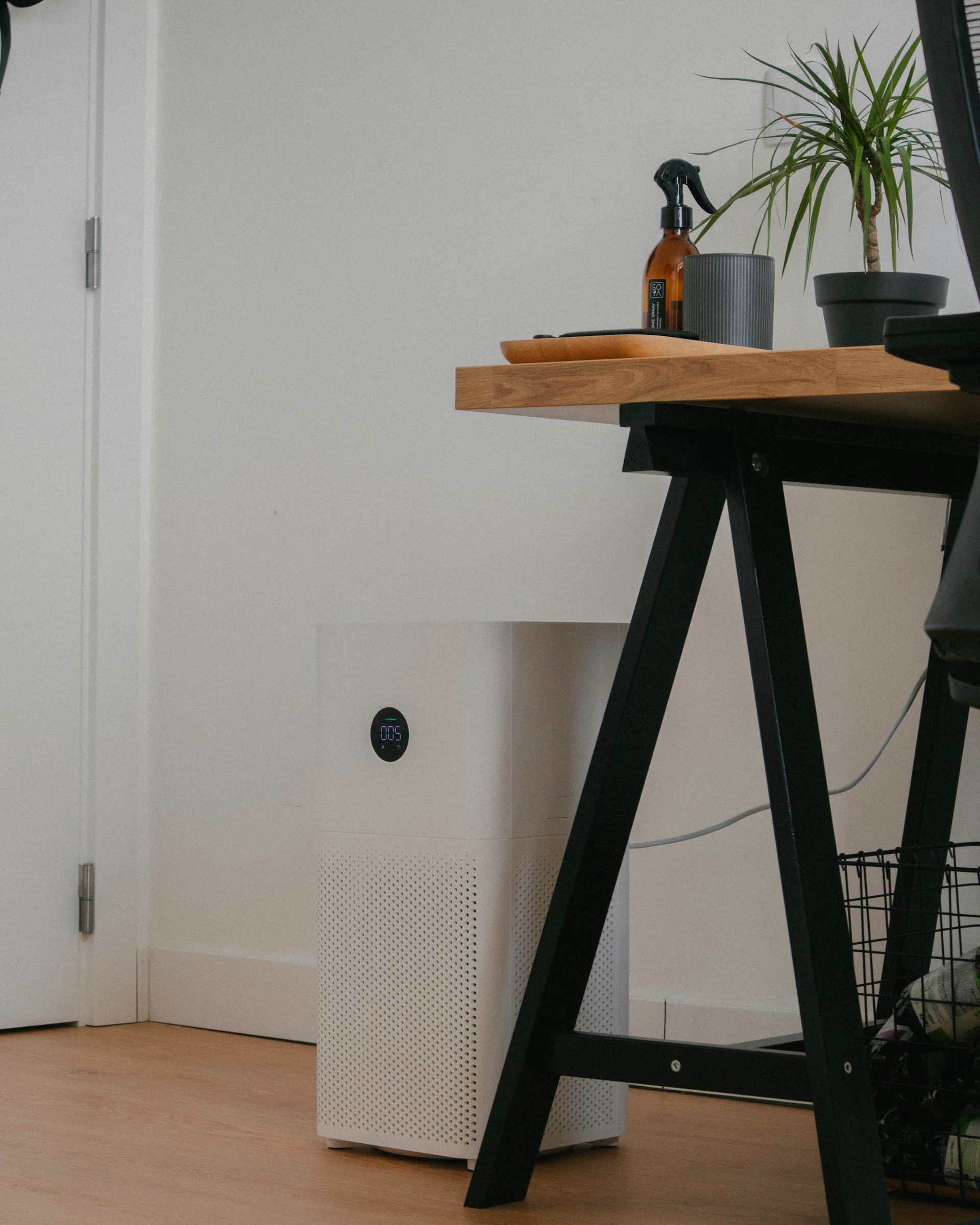 Minimal room corner with wooden desk, black legs, potted plant, and a white appliance near a closed door
