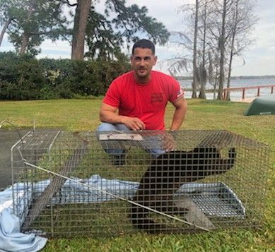 A man in a red shirt is sitting next to a cat in a cage.