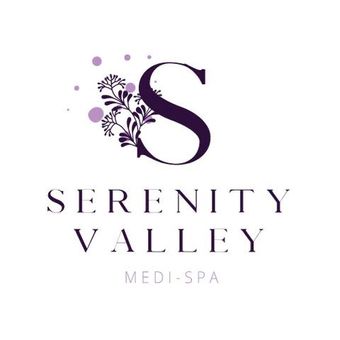 A logo for serenity valley med spa with a purple letter s and flowers.