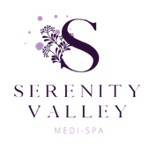 A logo for serenity valley med spa with a purple letter s and flowers.