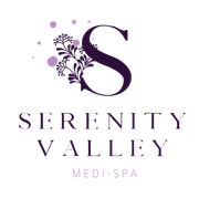 A logo for serenity valley med spa with a purple letter s and flowers.