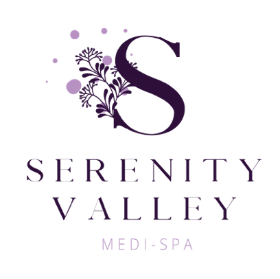 A logo for serenity valley med spa with a purple letter s and flowers.