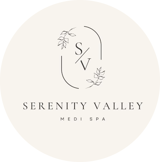 A logo for serenity valley med spa with a purple letter s and flowers.