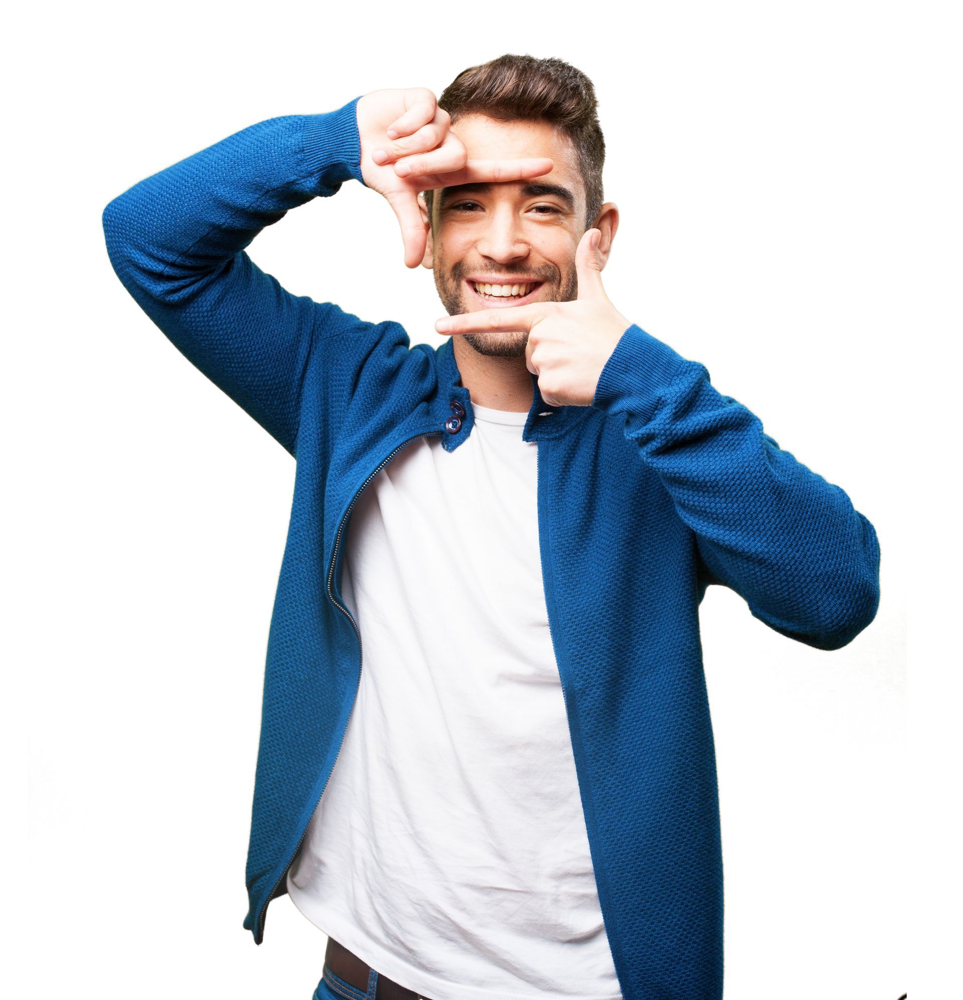 A man in a blue jacket is making a frame with his hands