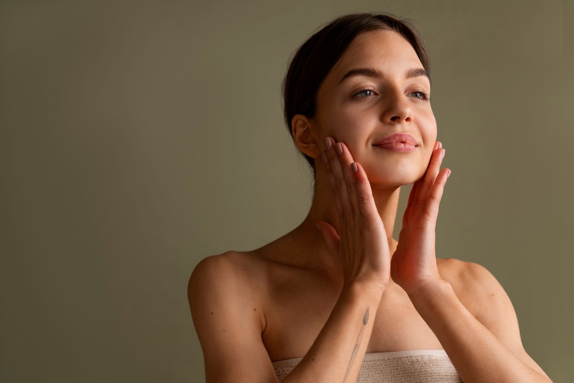 A woman is touching her face with her hands and smiling.