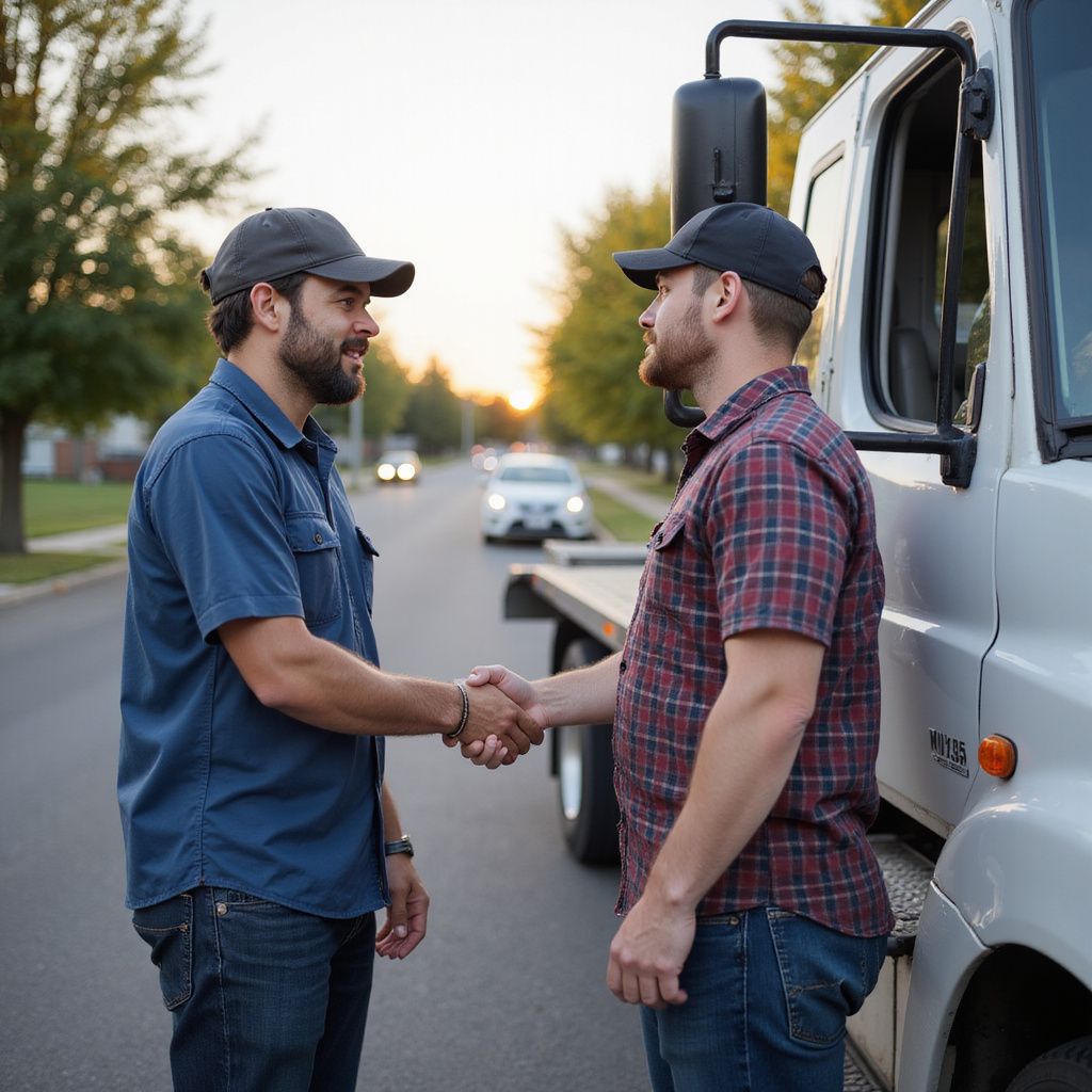 Two men shaking hands beside a tow truck on a residential street at sunset.