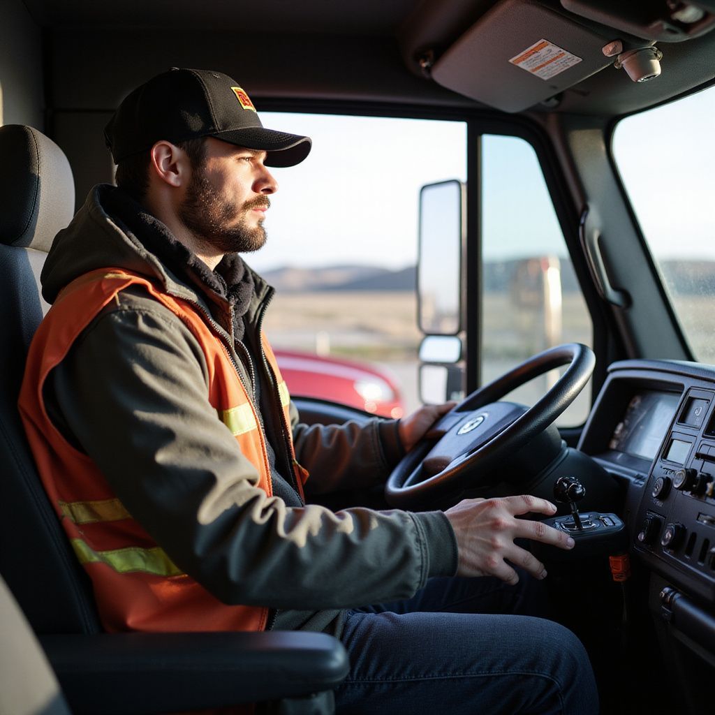A person in safety gear driving a truck, hands on the steering wheel, looking forward.