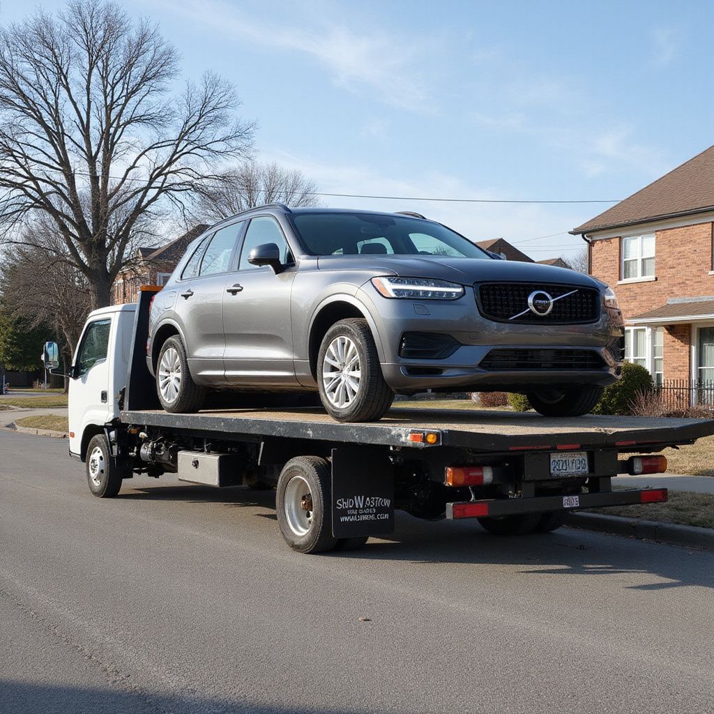 Gray Volvo SUV on a flatbed tow truck on a residential street.