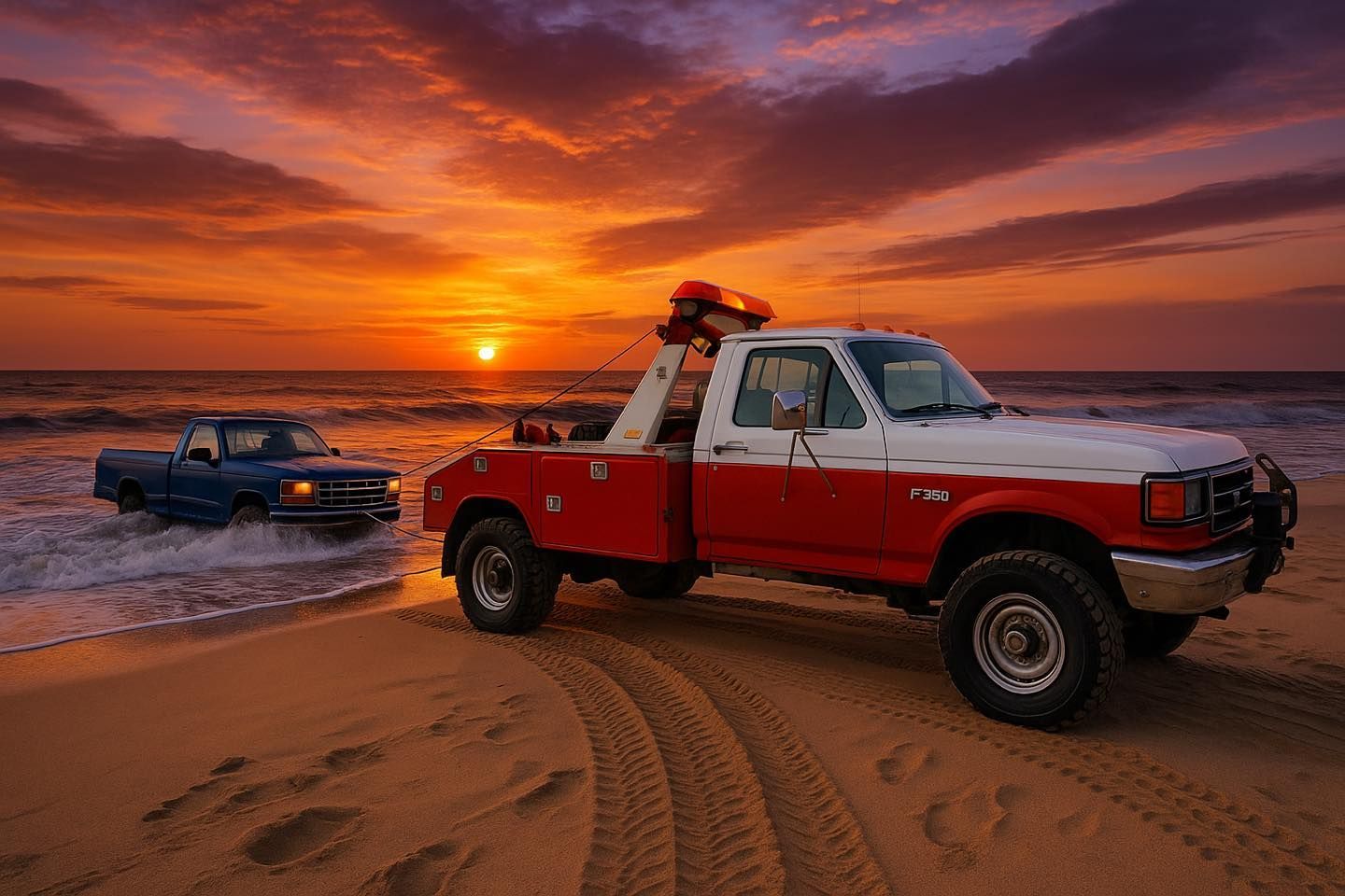 Tow truck on beach at sunset, pulling blue pickup from water.