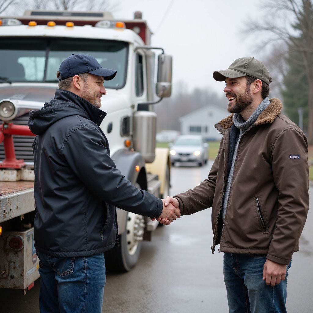 Two men shaking hands in front of a tow truck on a road. One wears a blue hat, the other a green hat.