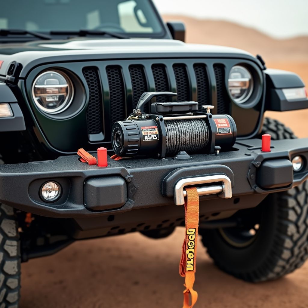 Black Jeep Wrangler with a winch on a desert landscape.
