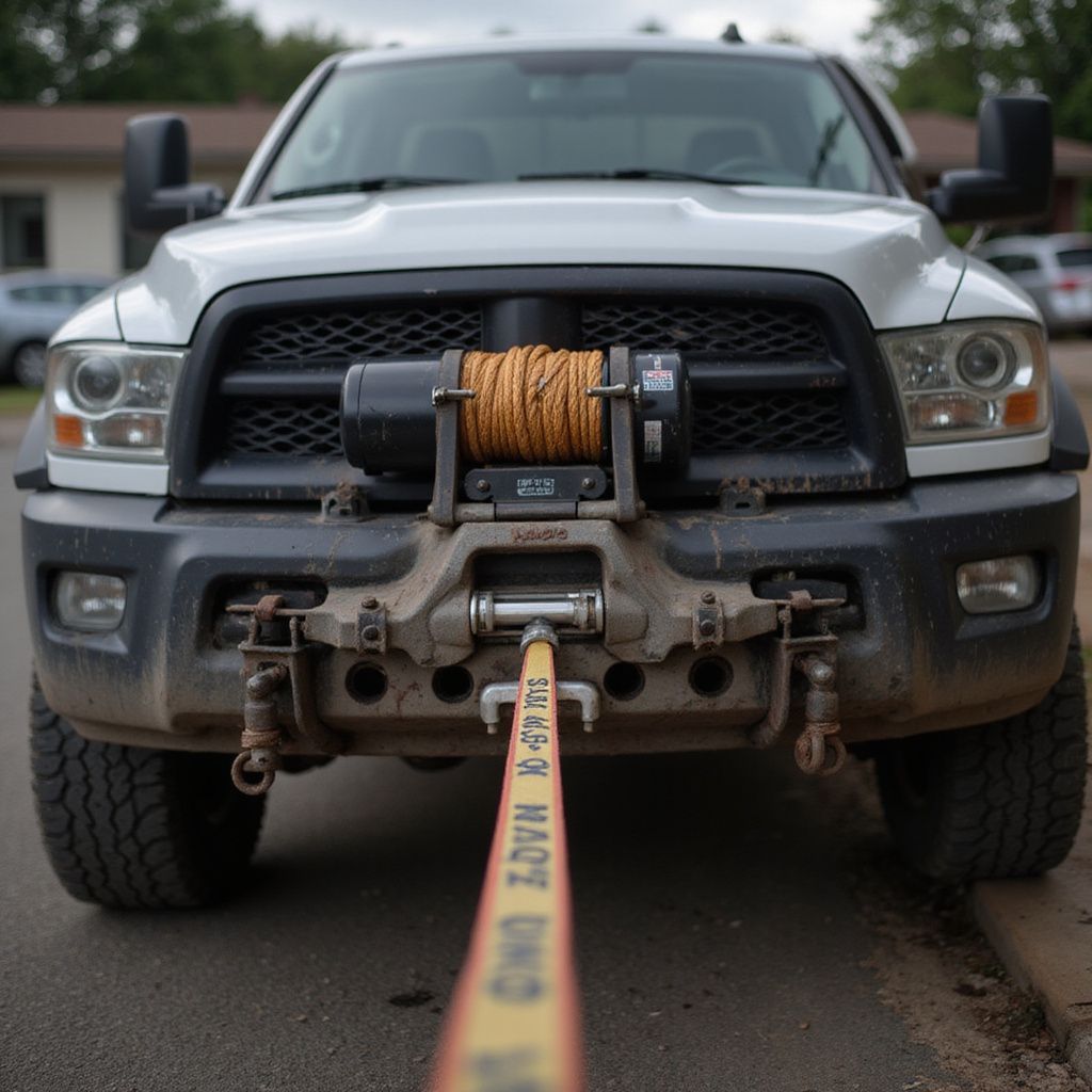 White pickup truck with a winch and tow strap on a road.
