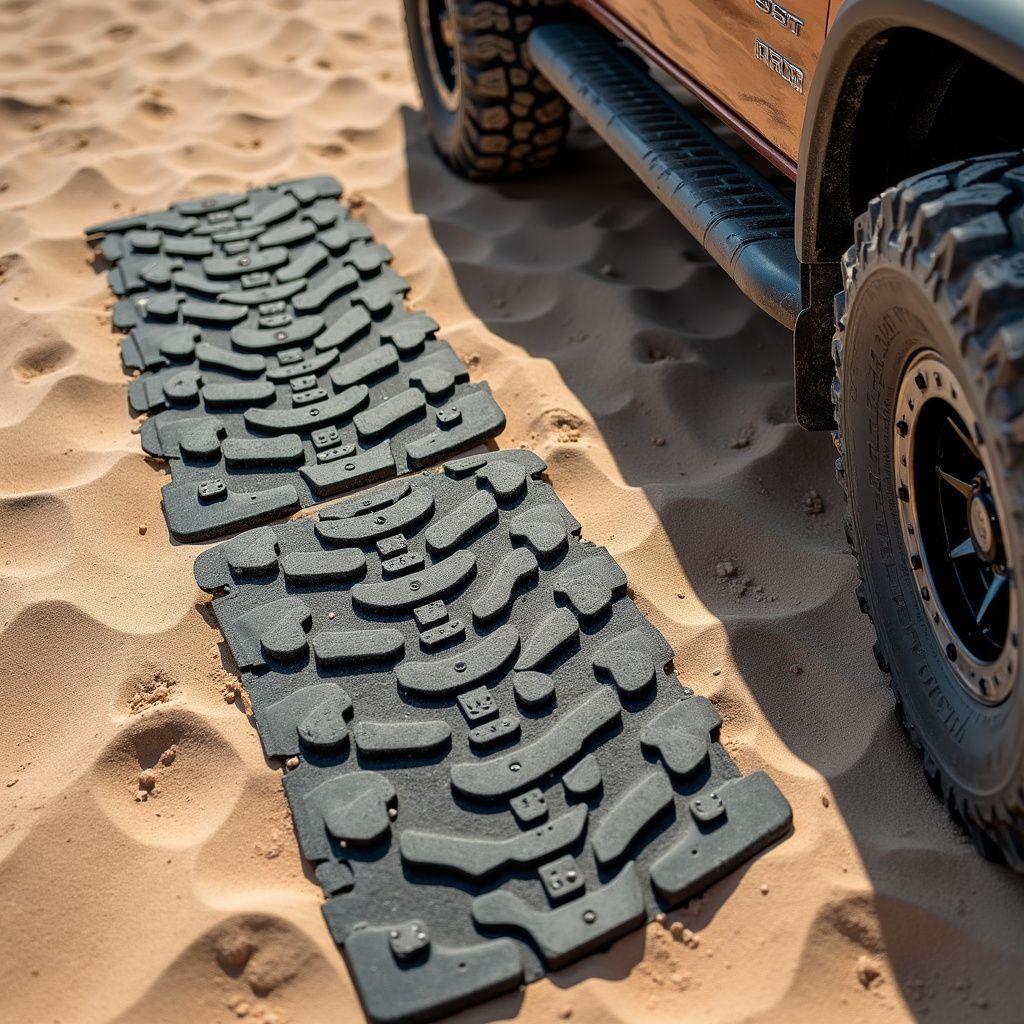 A truck uses traction mats in sand. Black mats under tires. Beige sand, sunny outdoors.