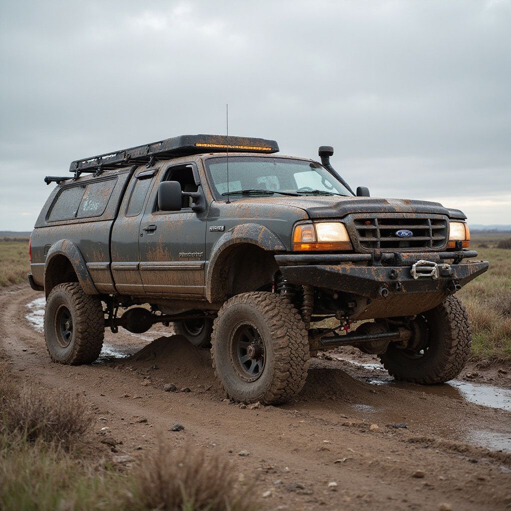 Dark gray lifted Ford Ranger truck driving through muddy terrain.