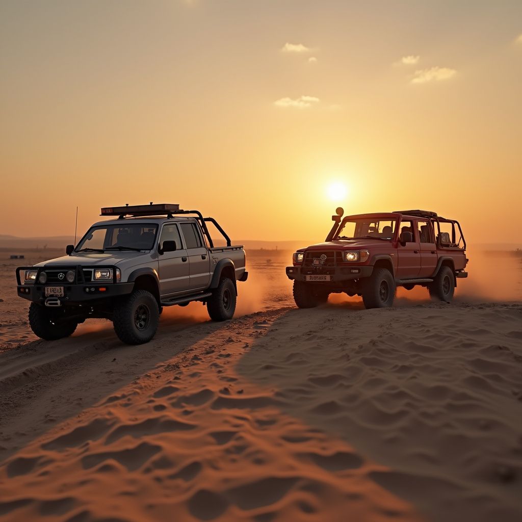 Two off-road vehicles drive through a desert at sunset, kicking up sand.