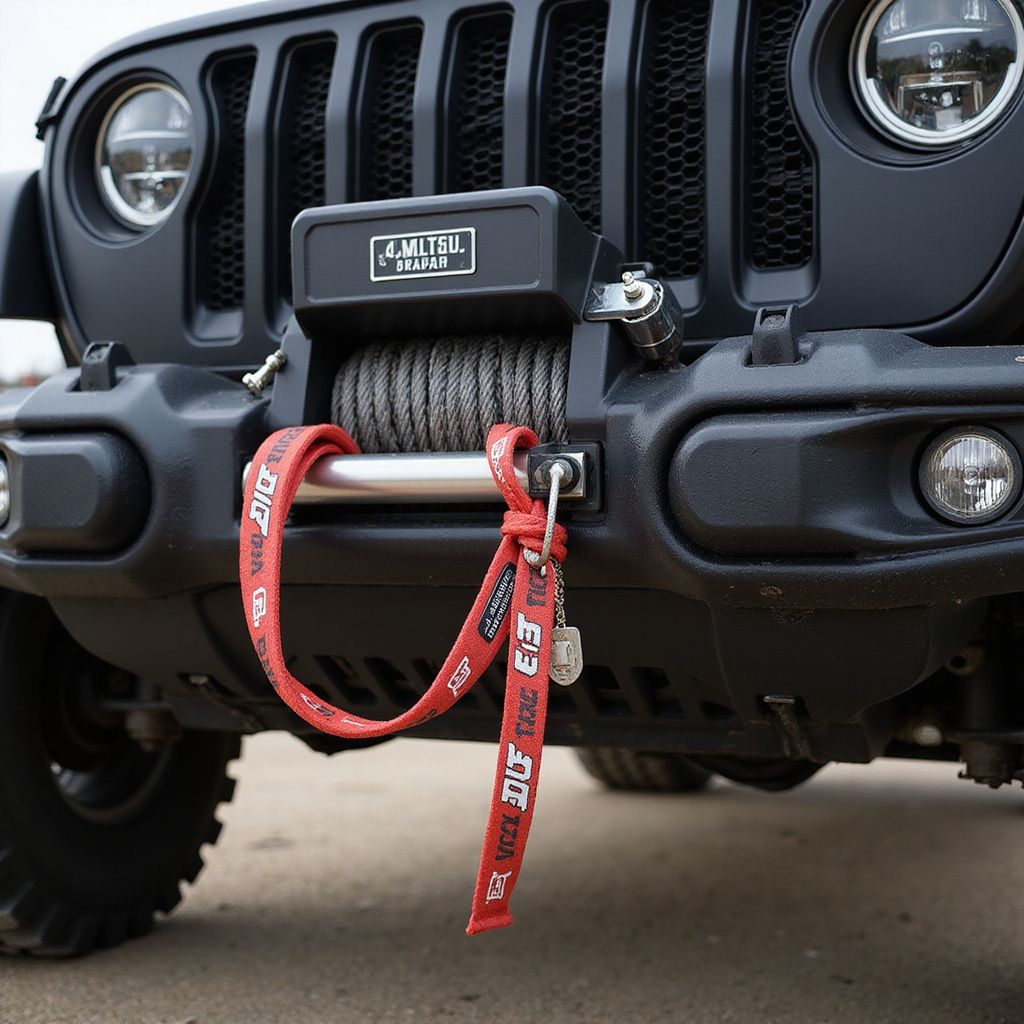 Black Jeep Wrangler with a winch and red tow strap.