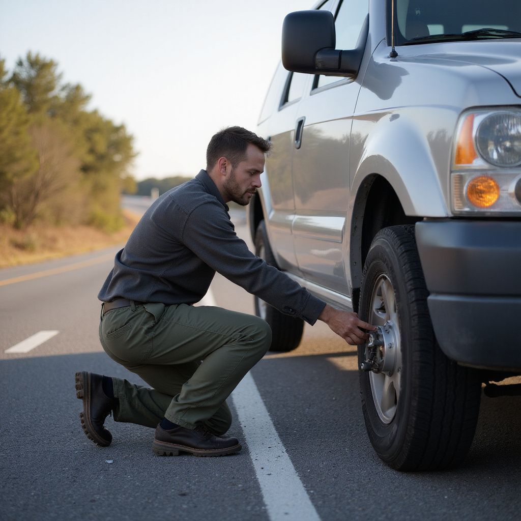 Man kneeling, checking a car tire on the side of a road.