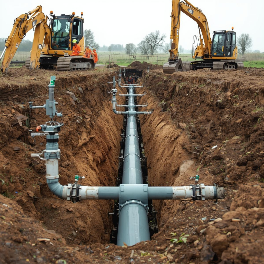 Construction site with two yellow excavators digging a trench for large pipelines.