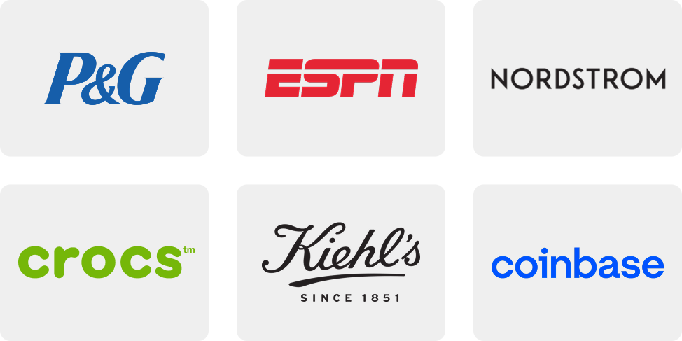 Logos for P&G, ESPN, Nordstrom, Crocs, Kiehl's, and Coinbase on a gray background.