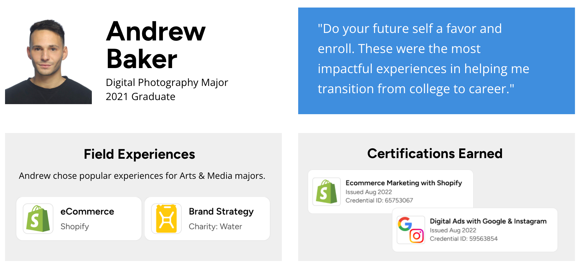 A resume-like graphic showing Andrew Baker's photo, field experiences, and certifications.
