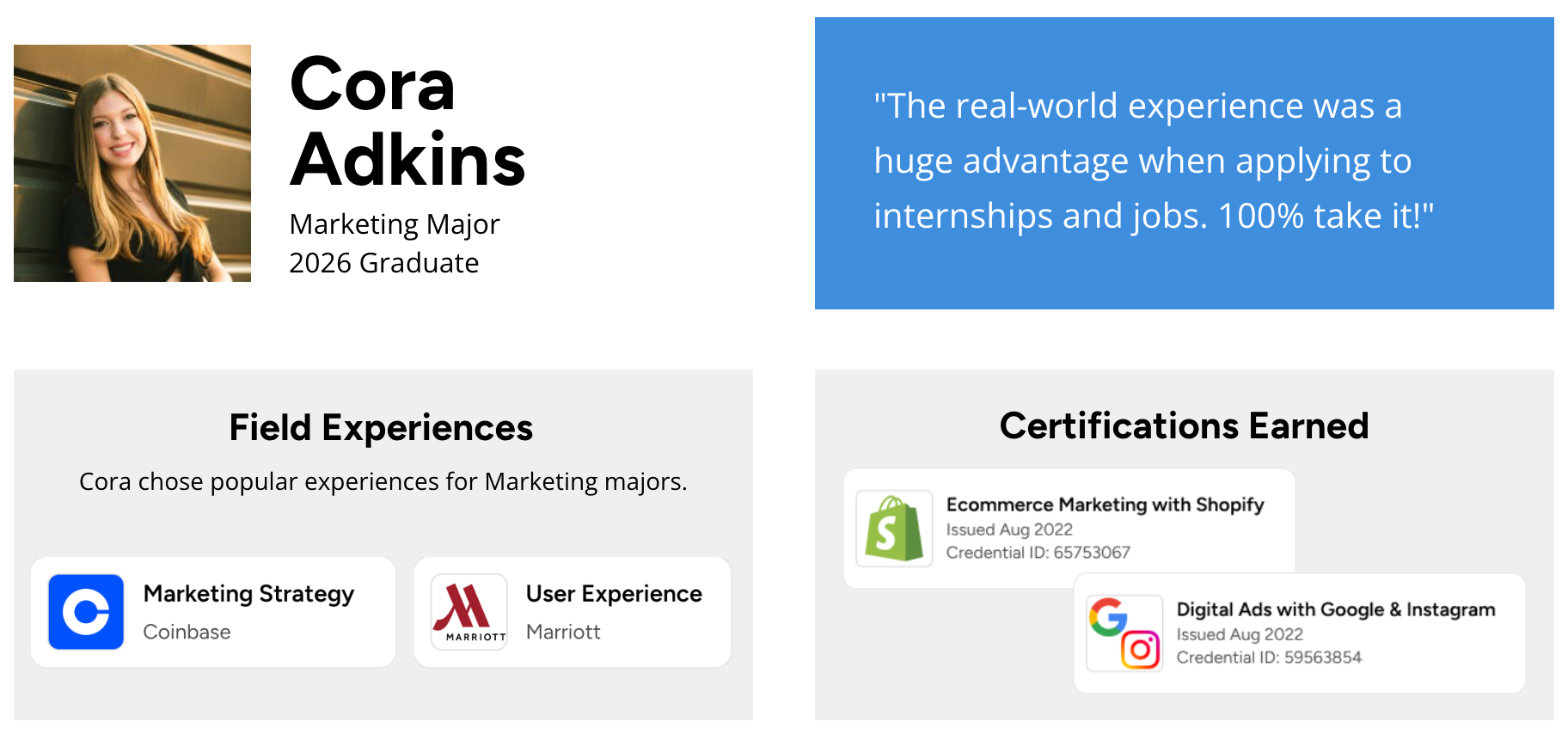 Cora Adkins with Marketing Major, includes quote, field experiences, and certifications.