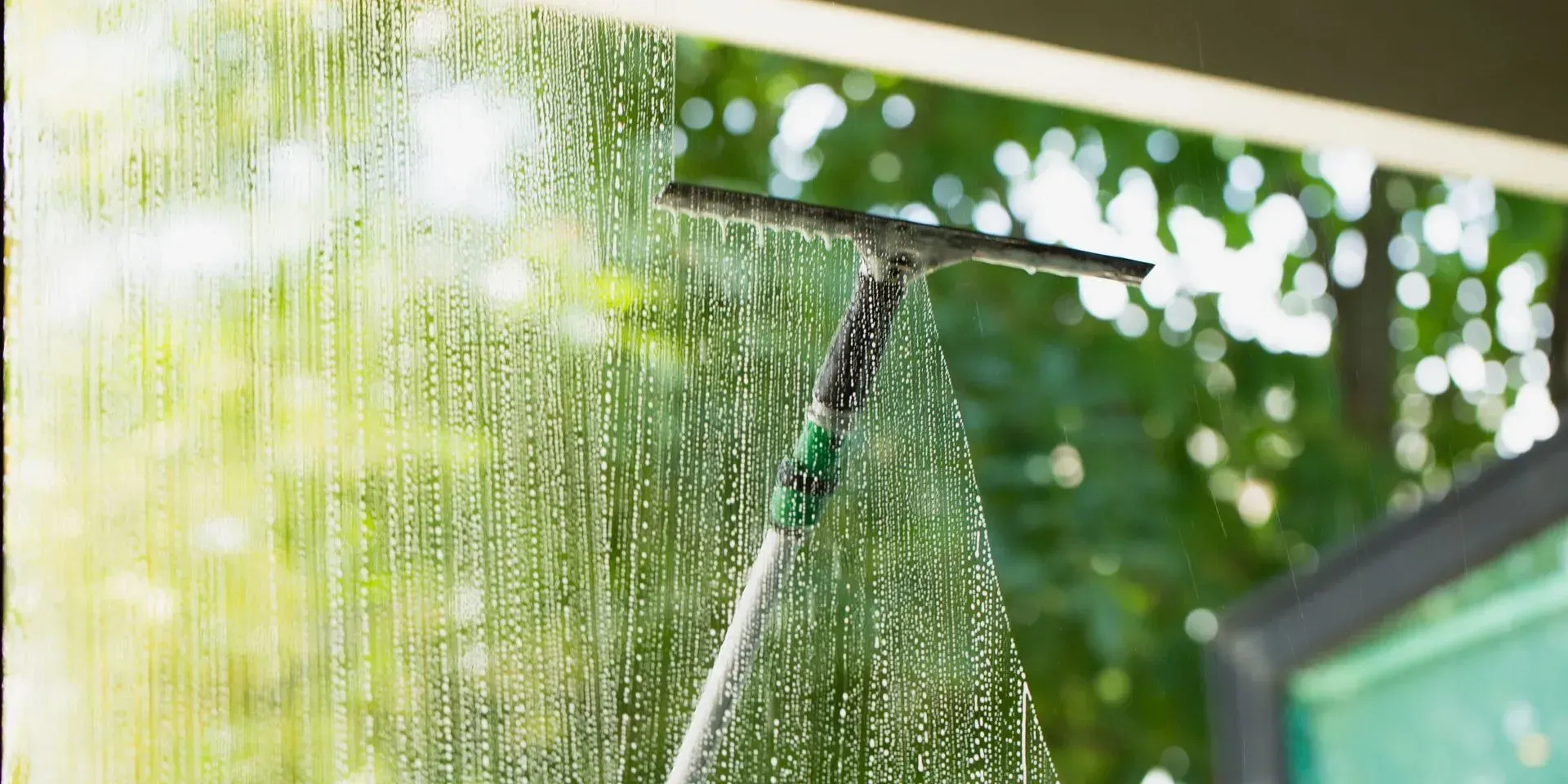 A person cleaning a window with a squeegee. Green trees are seen through the wet glass.