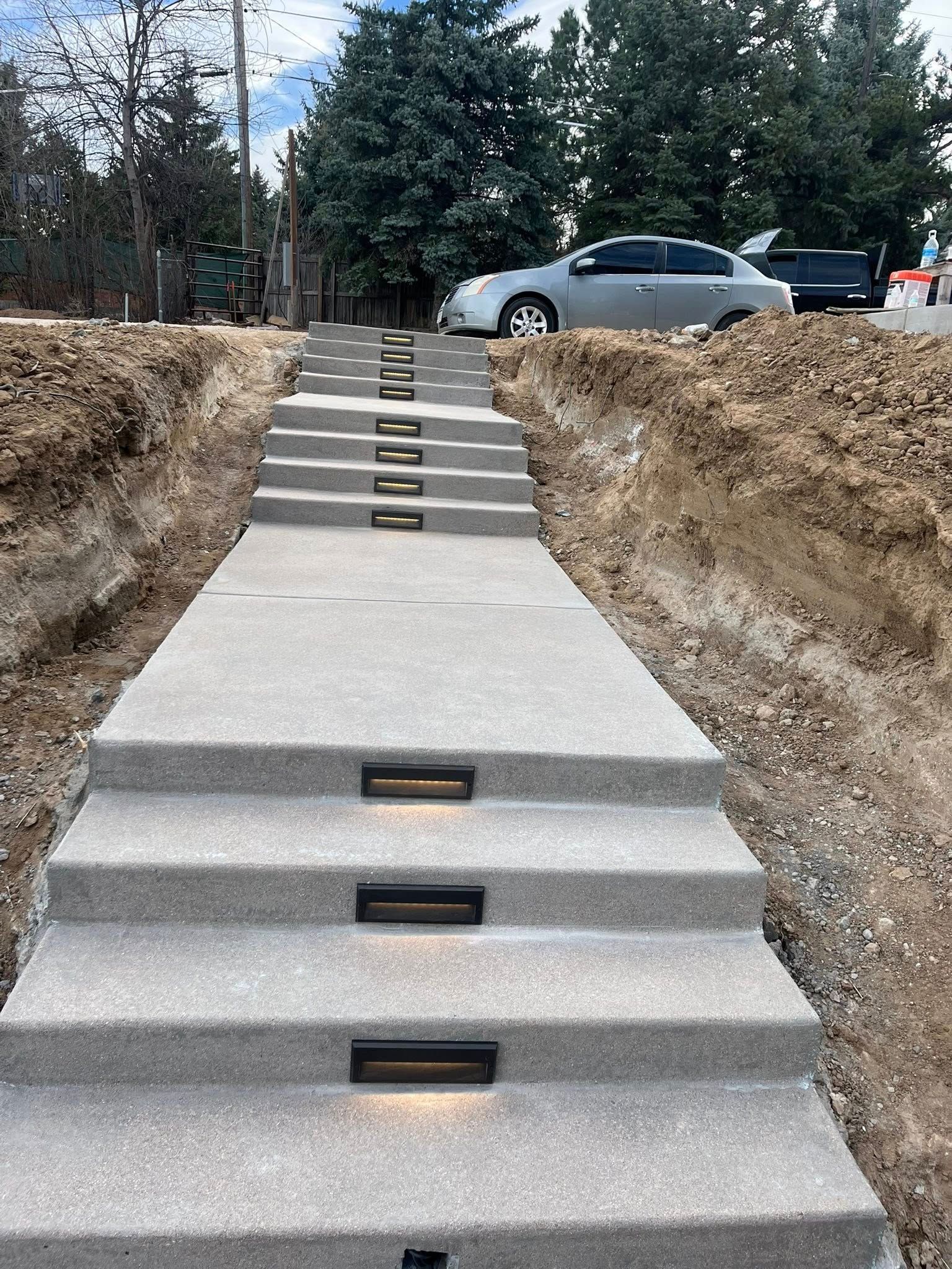 Concrete steps with built-in lights ascend from a dirt area, leading toward a street with cars and trees.