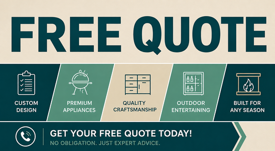 FREE QUOTE text with 5 icons: clipboard, grill, storage, refrigerator, seasonal