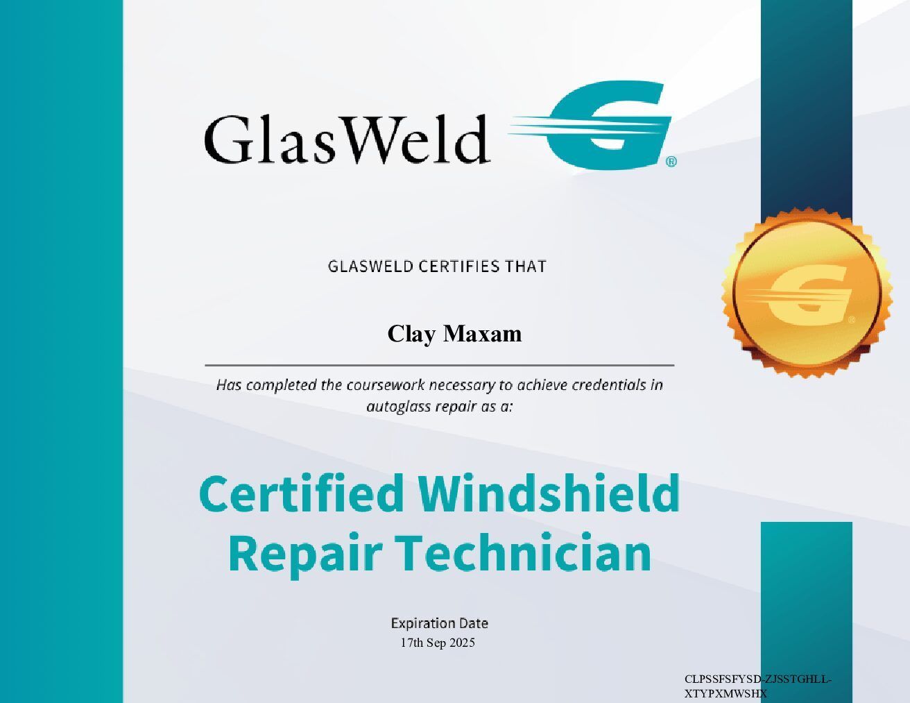 GlasWeld Certified Windshield Repair Technician certificate with gold seal on white and teal background