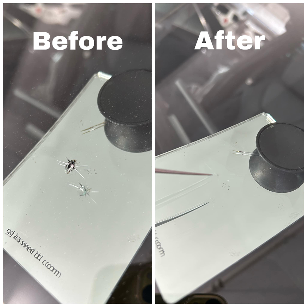 Before-and-after of a scratched clear phone screen protector showing a repaired surface.