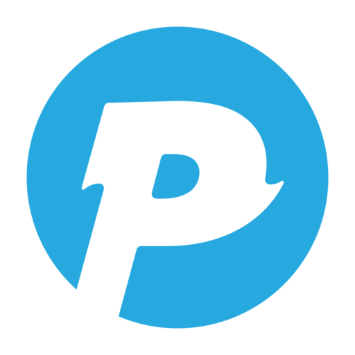 Blue circular logo with a white stylized letter P