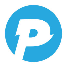 Blue circular logo with a white stylized letter P