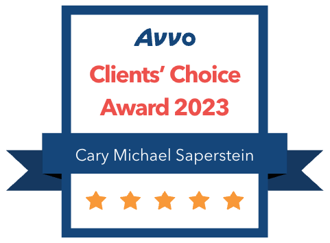 Avvo Clients' Choice Award 2023 for Cary Michael Saperstein; dark blue, red, and orange graphic with five stars.