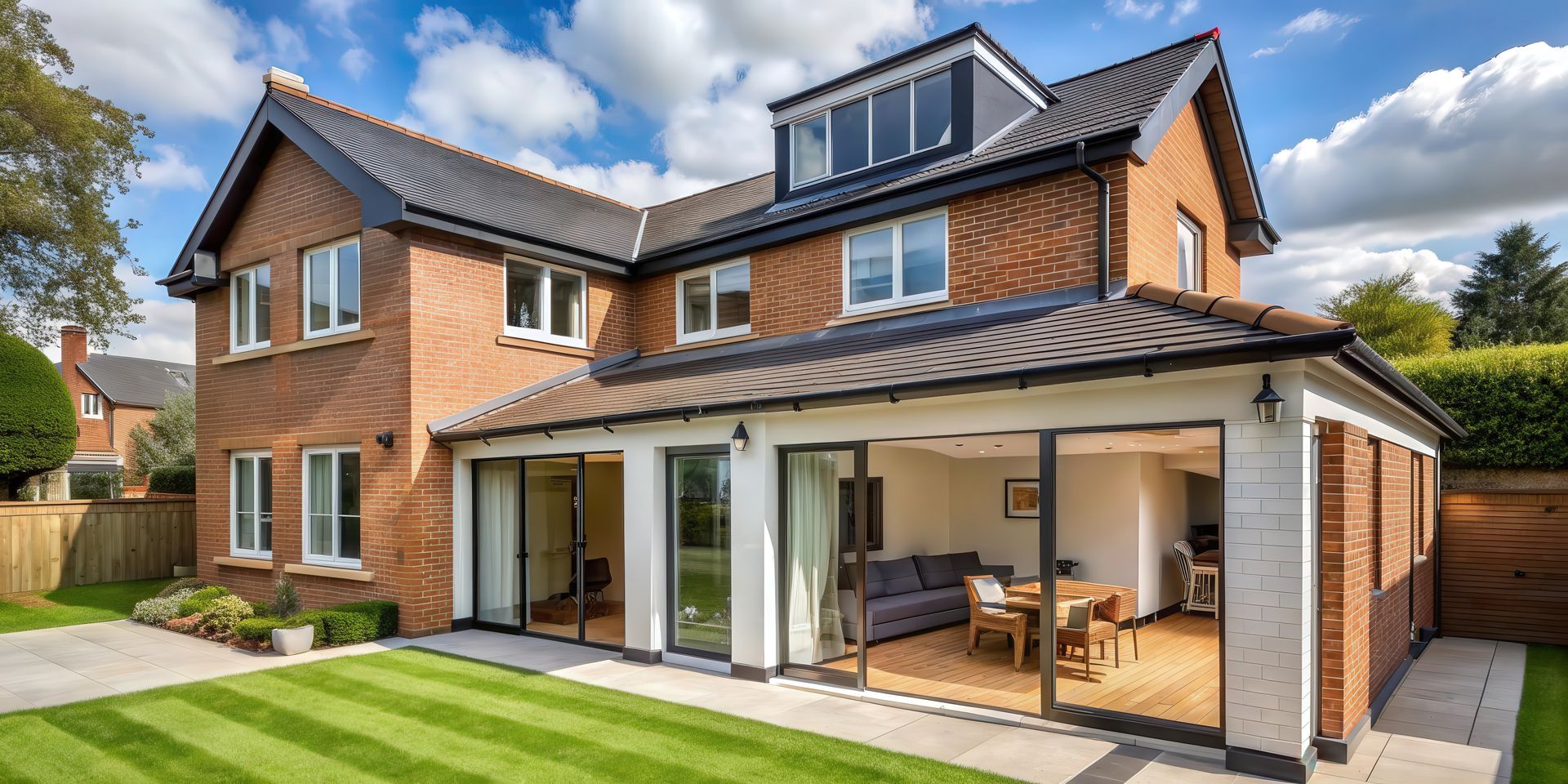 A large brick house with a large patio and sliding glass doors.