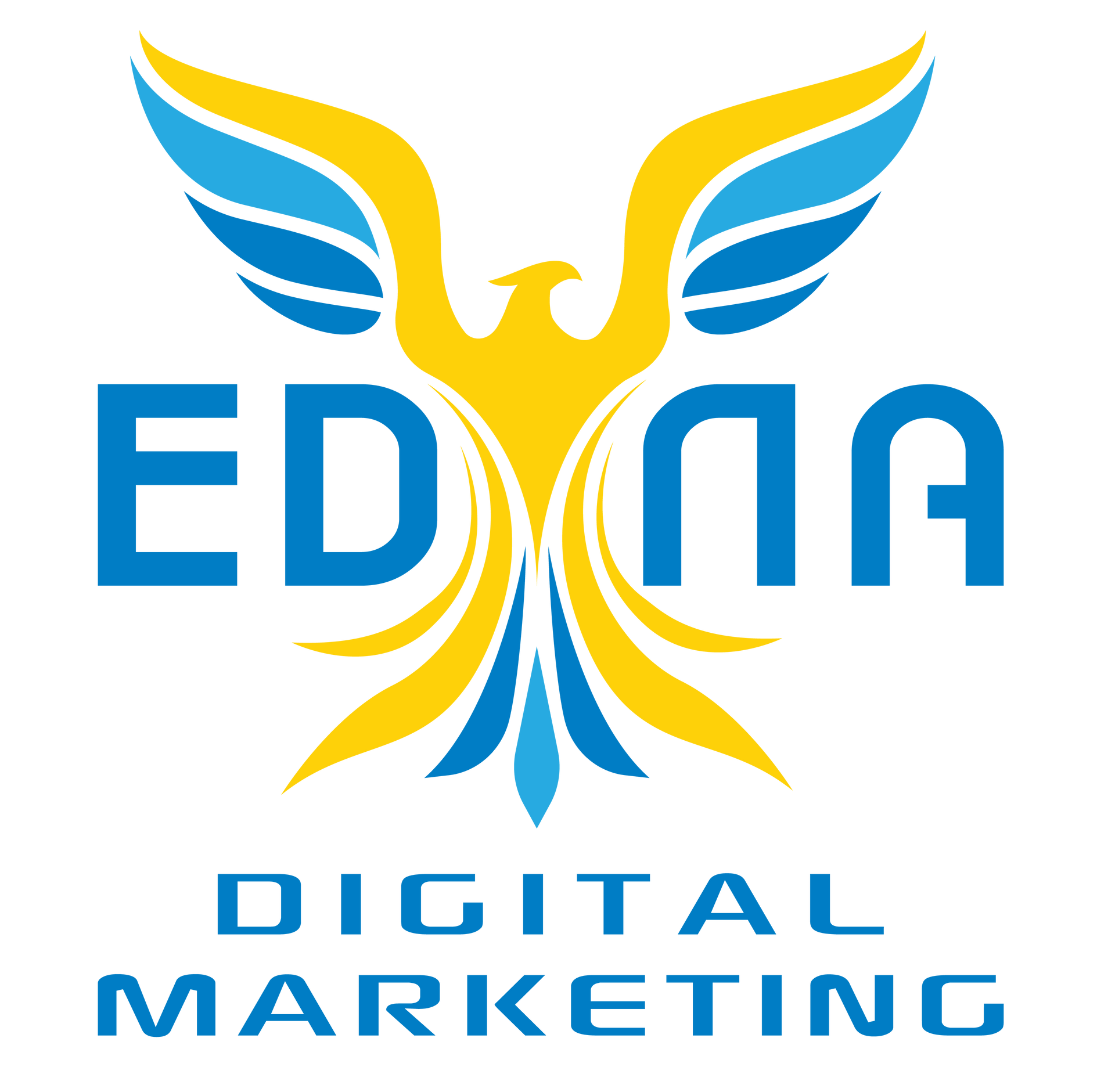 EDINA Digital Marketing logo with blue and yellow phoenix-style wings and text