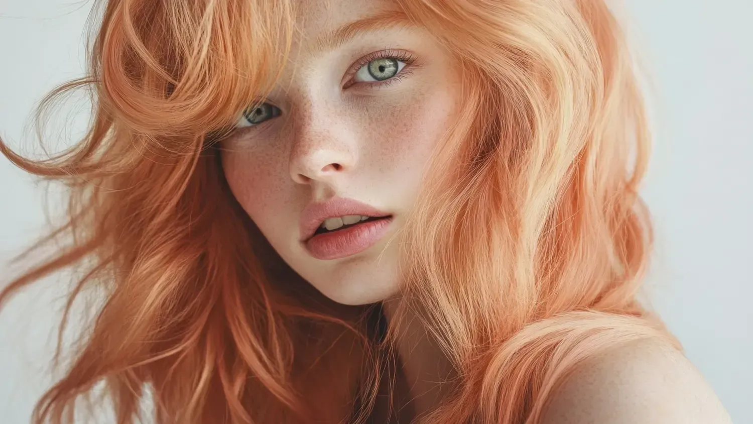 A close up of a woman with red hair and green eyes.