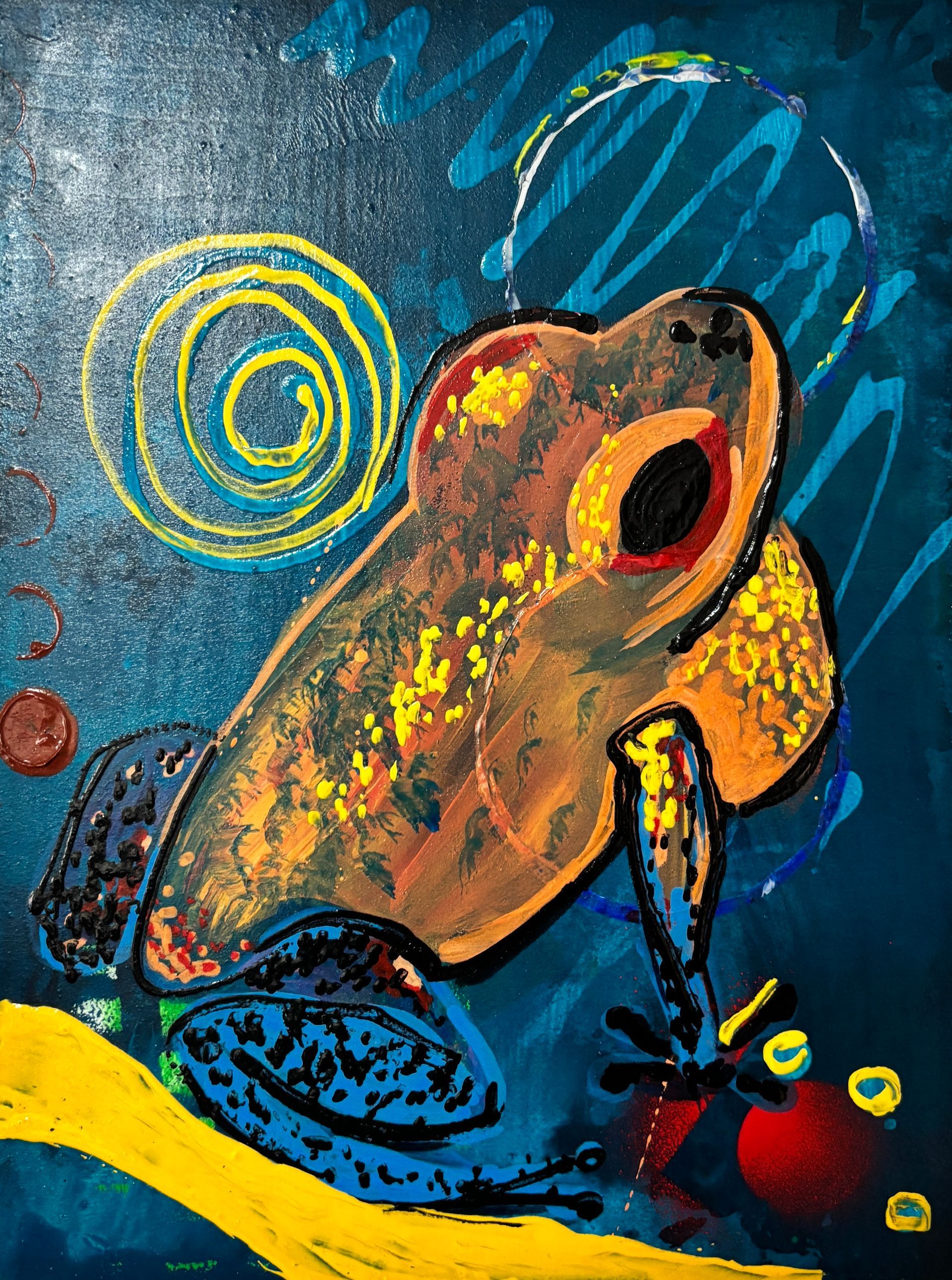 Yellow - Amphibien
Acrylfarben und Spray auf Holz
18x25x2 cm