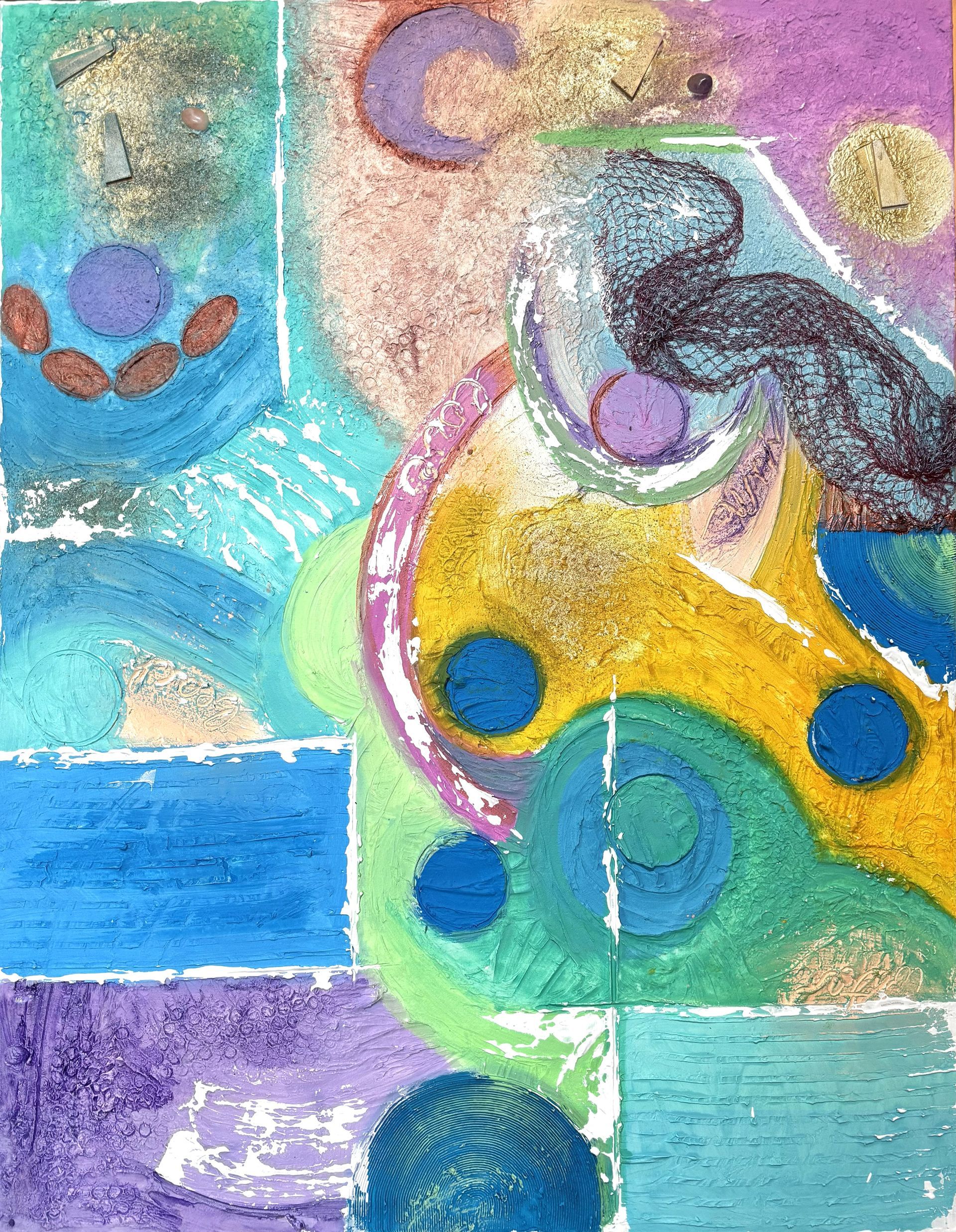 Sehnsucht Fantasialand - Abstrakt - Spachtelmasse, Objekte und Acrylfarbe auf Leinwand
50 x 70 x 2 cm