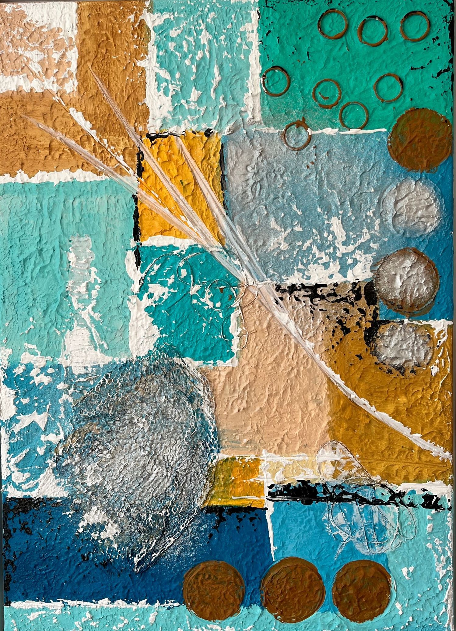 Sehnsucht Karibik II - Abstrakt - Spachtelmasse, Objekte und Acrylfarben, auf Leinwand 
50  x 70 x 1,6 cm 